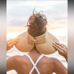 Straw Sun Visor with Decorative Bow - Straw color